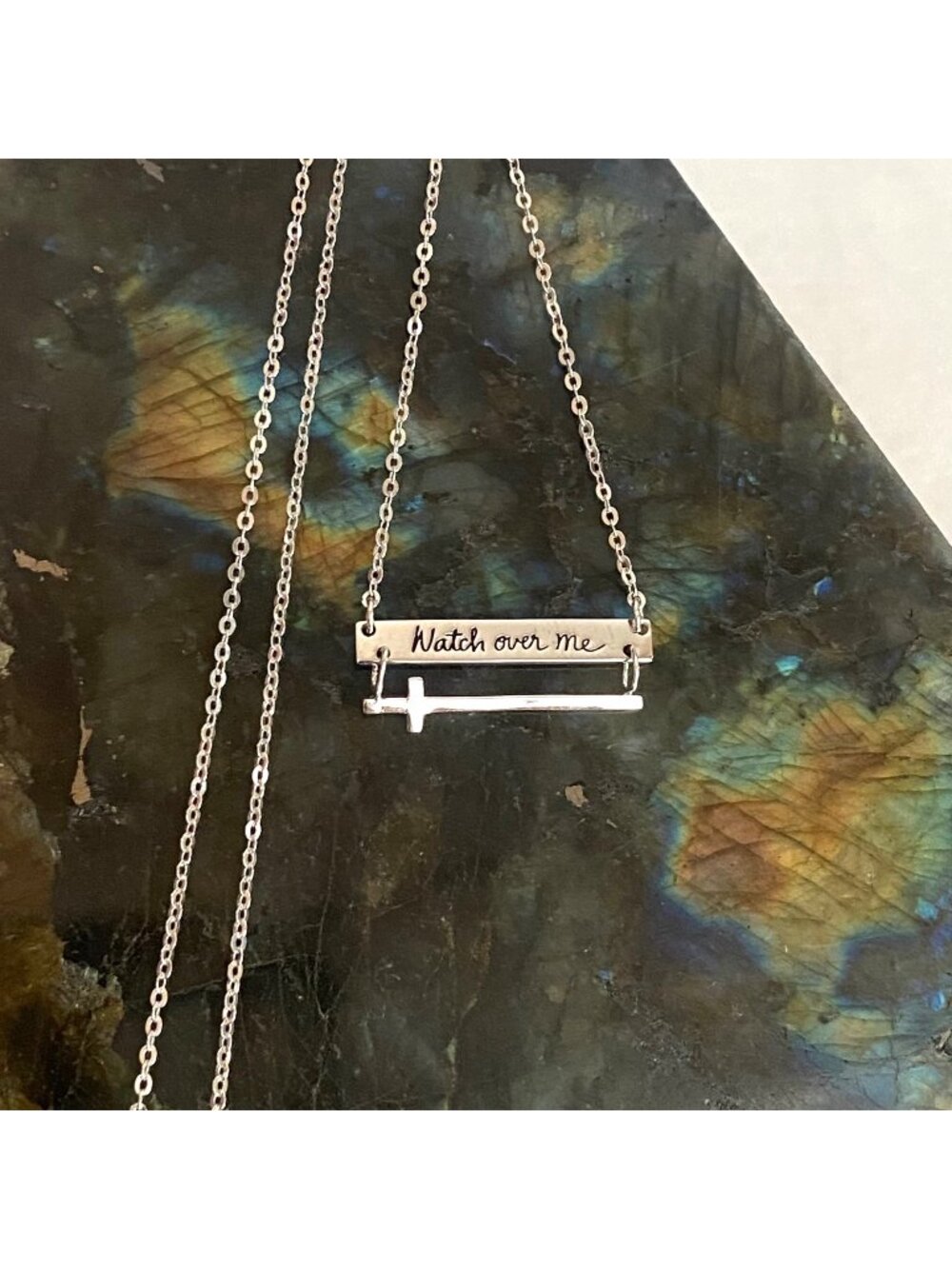 Sterling Silver 925 “Watch Over Me” Cross Horizontal Bar Spiritual Necklace 18"